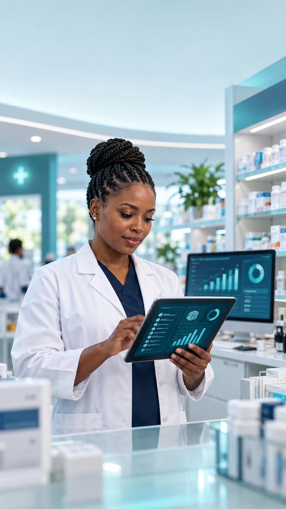 Pharmacy professional using a digital management system